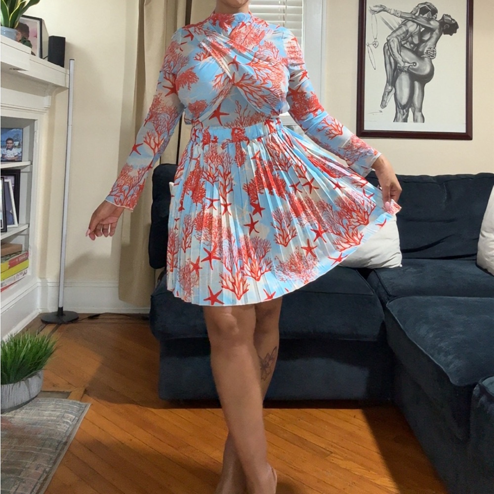 Elegant Coral and Blue Long Sleeve Dress